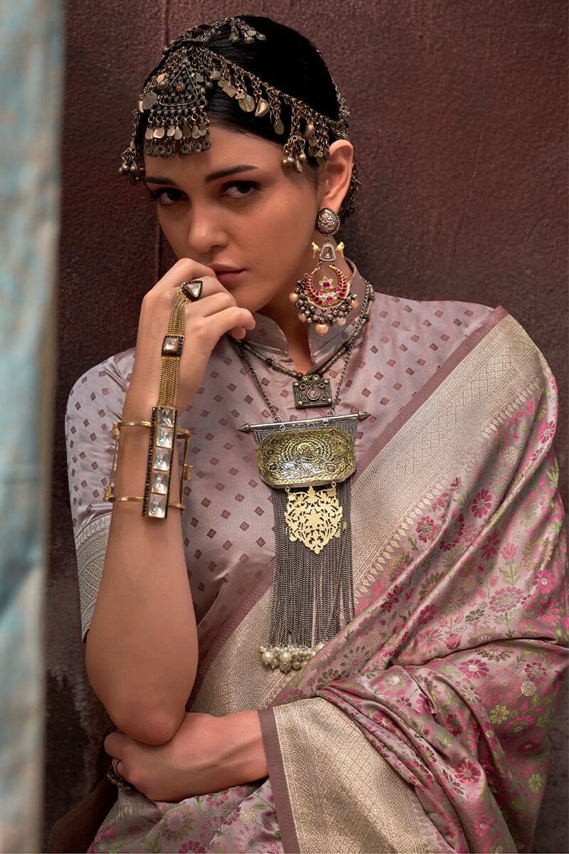 Brownish Pink Handloom Banarasi Satin Silk Saree