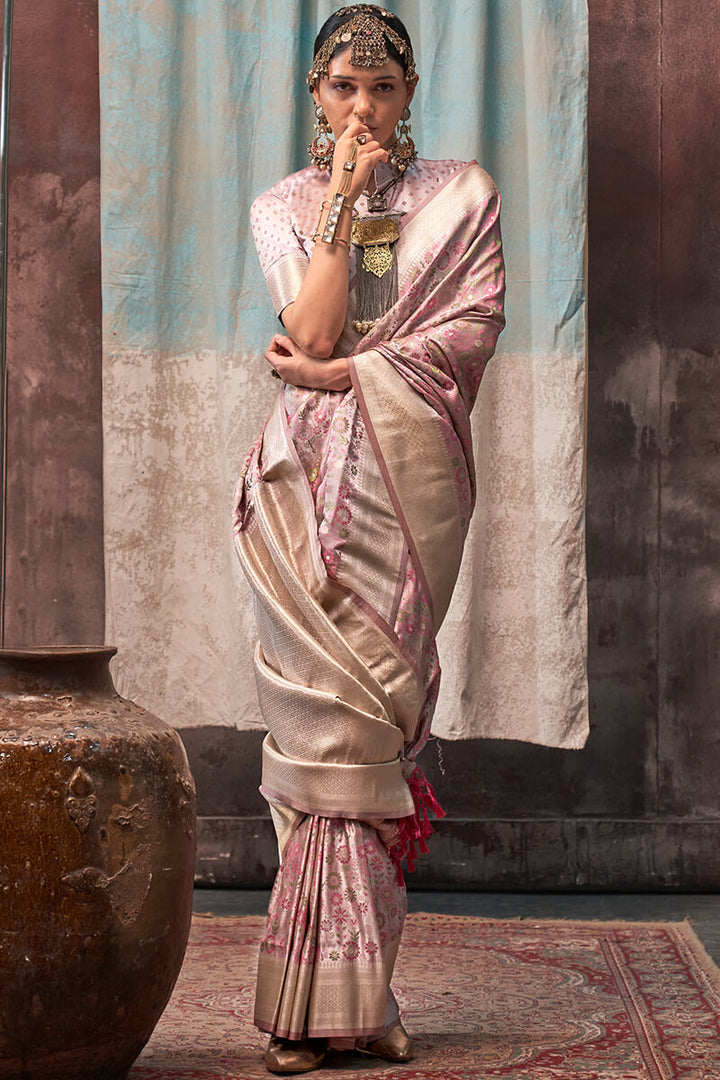 Brownish Pink Handloom Banarasi Satin Silk Saree