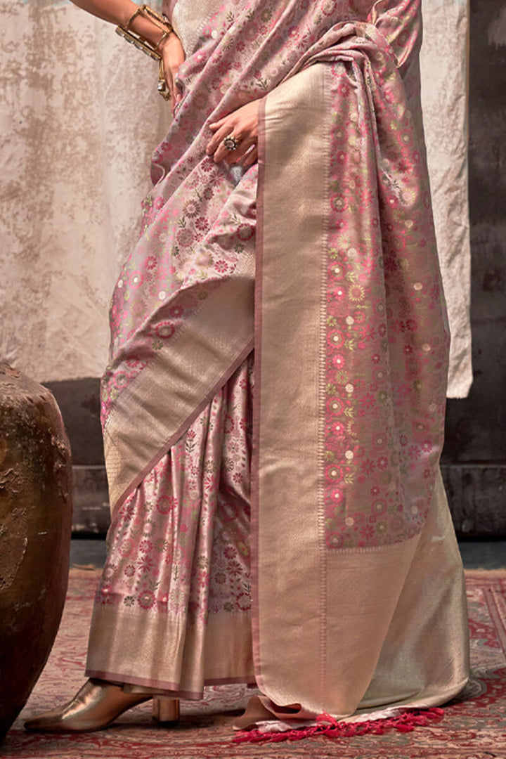 Brownish Pink Handloom Banarasi Satin Silk Saree