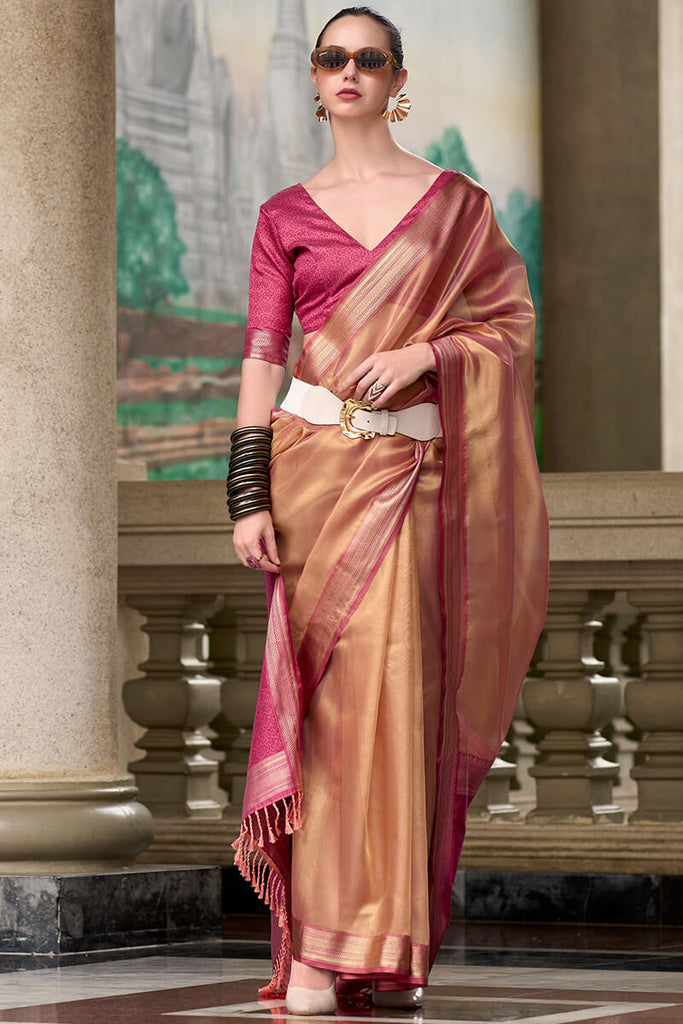 Brownish Pink Tissue Silk Saree