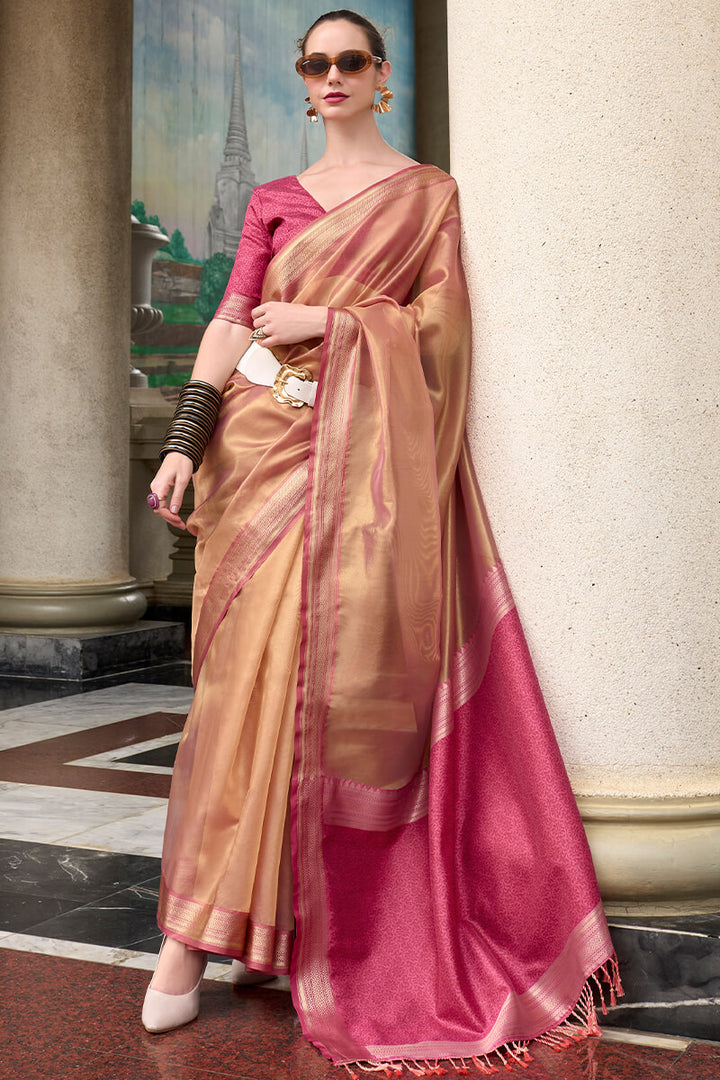 Brownish Pink Tissue Silk Saree