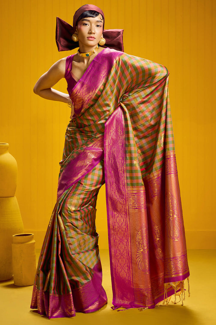 Brownish Pink Two tone Checks Banarasi Silk Saree