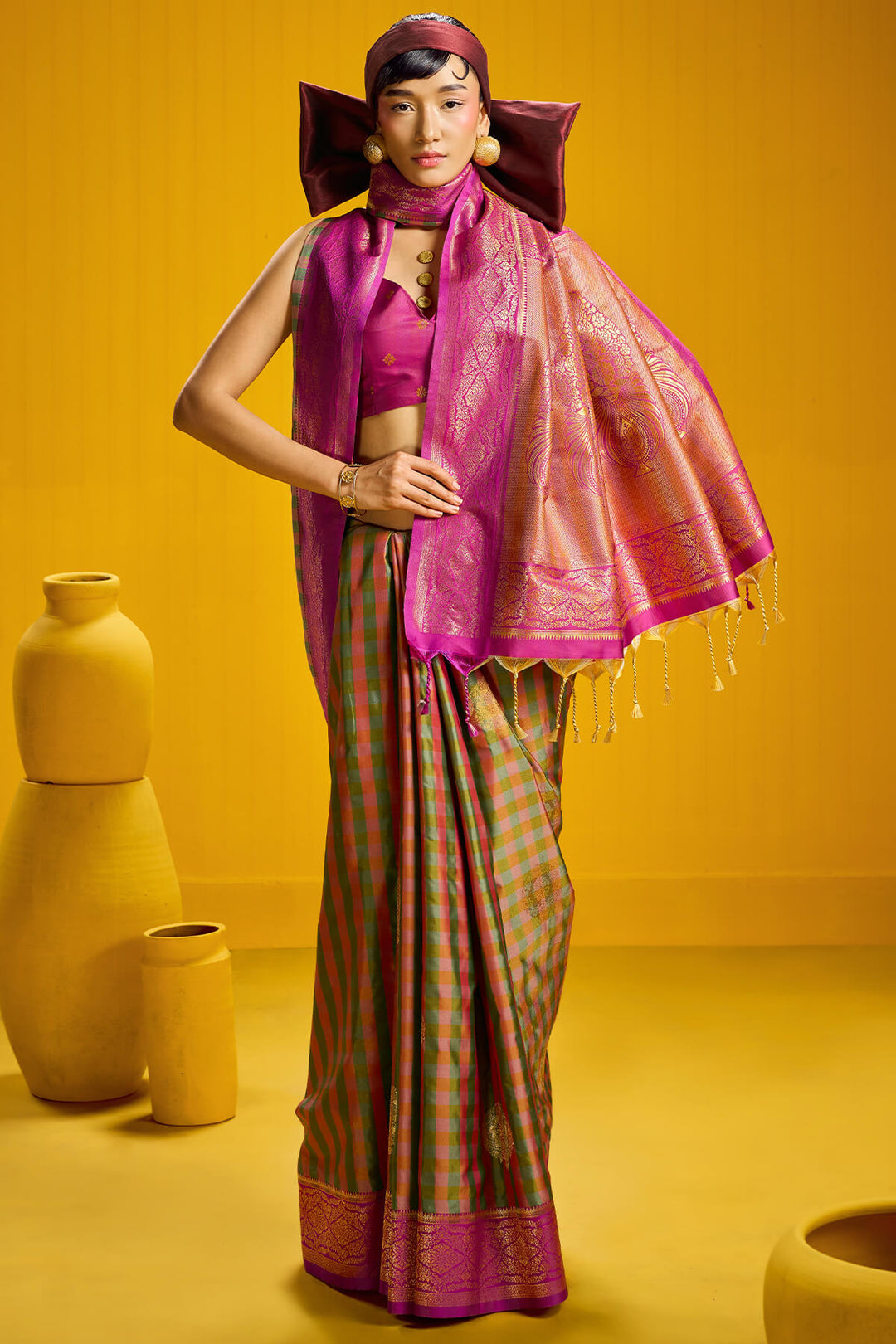 Brownish Pink Two tone Checks Banarasi Silk Saree