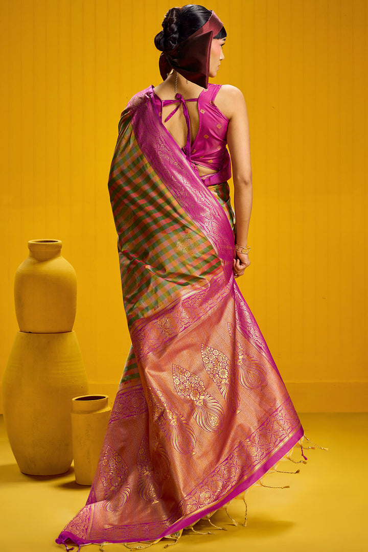 Brownish Pink Two tone Checks Banarasi Silk Saree