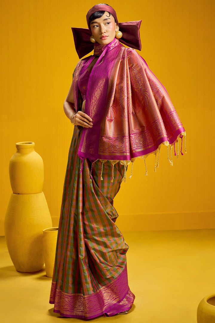 Brownish Pink Two tone Checks Banarasi Silk Saree