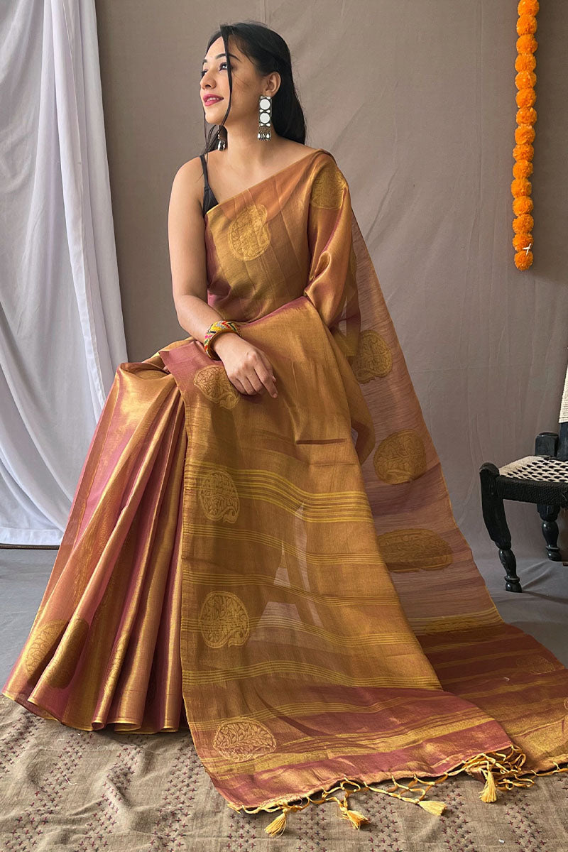 Brownish Pink Woven Tissue silk Saree