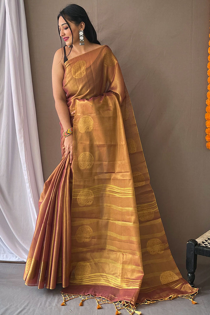 Brownish Pink Woven Tissue silk Saree