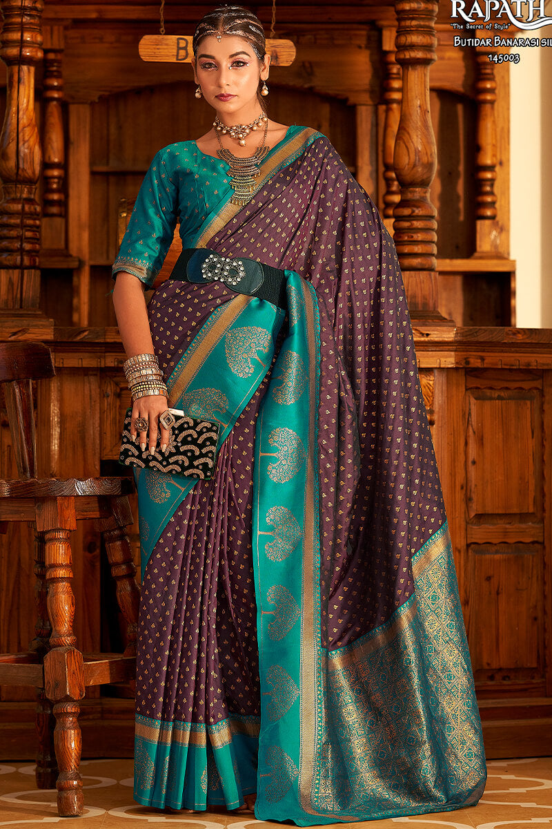 Brownish Purple and Blue Soft Banarasi Silk Saree