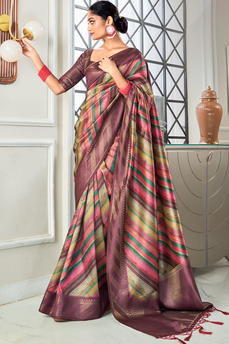 Brownish Purple Banarasi Silk Saree with Digital Print