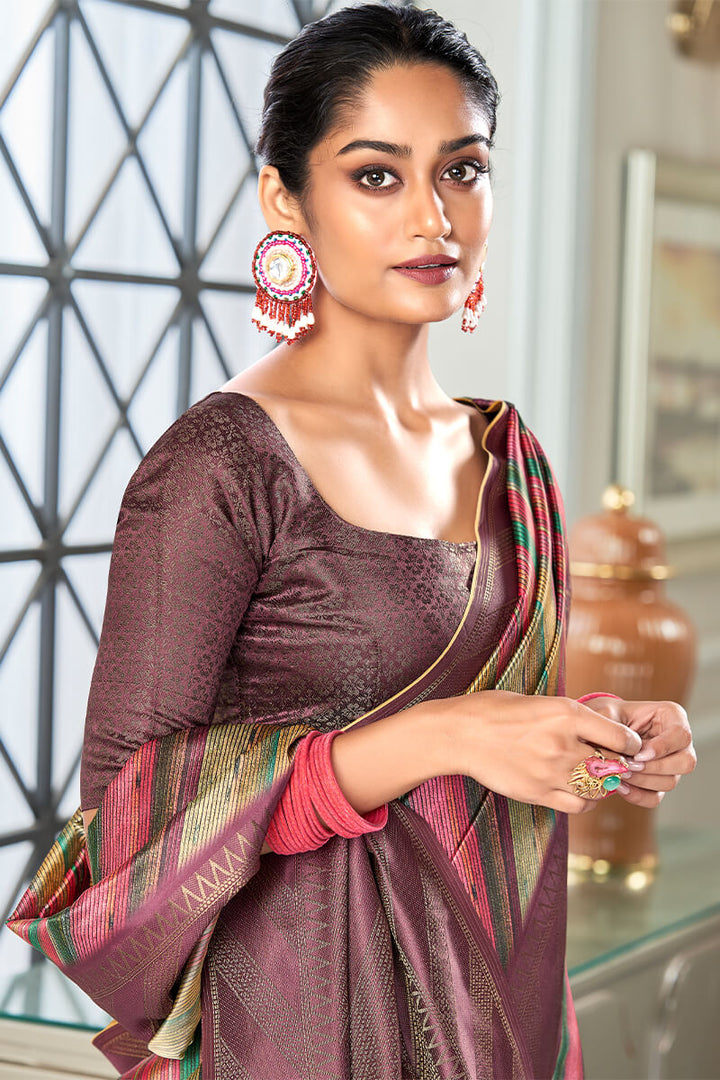 Brownish Purple Banarasi Silk Saree with Digital Print