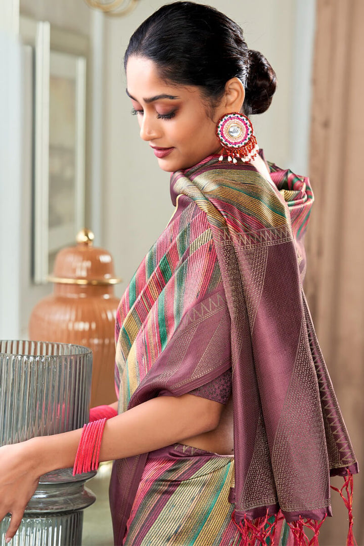 Brownish Purple Banarasi Silk Saree with Digital Print