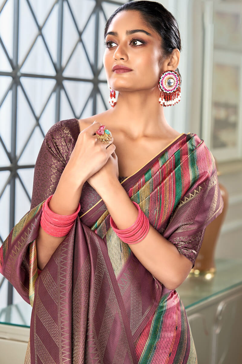 Brownish Purple Banarasi Silk Saree with Digital Print