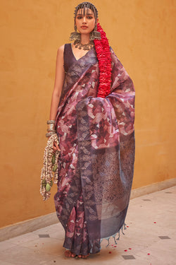 Brownish Purple Digital Printed Linen Silk Saree
