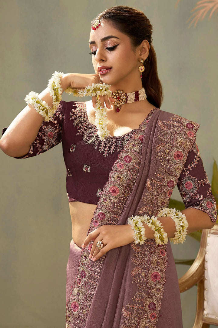 Brownish Purple Embroidery saree with Designer Embroidery Blouse
