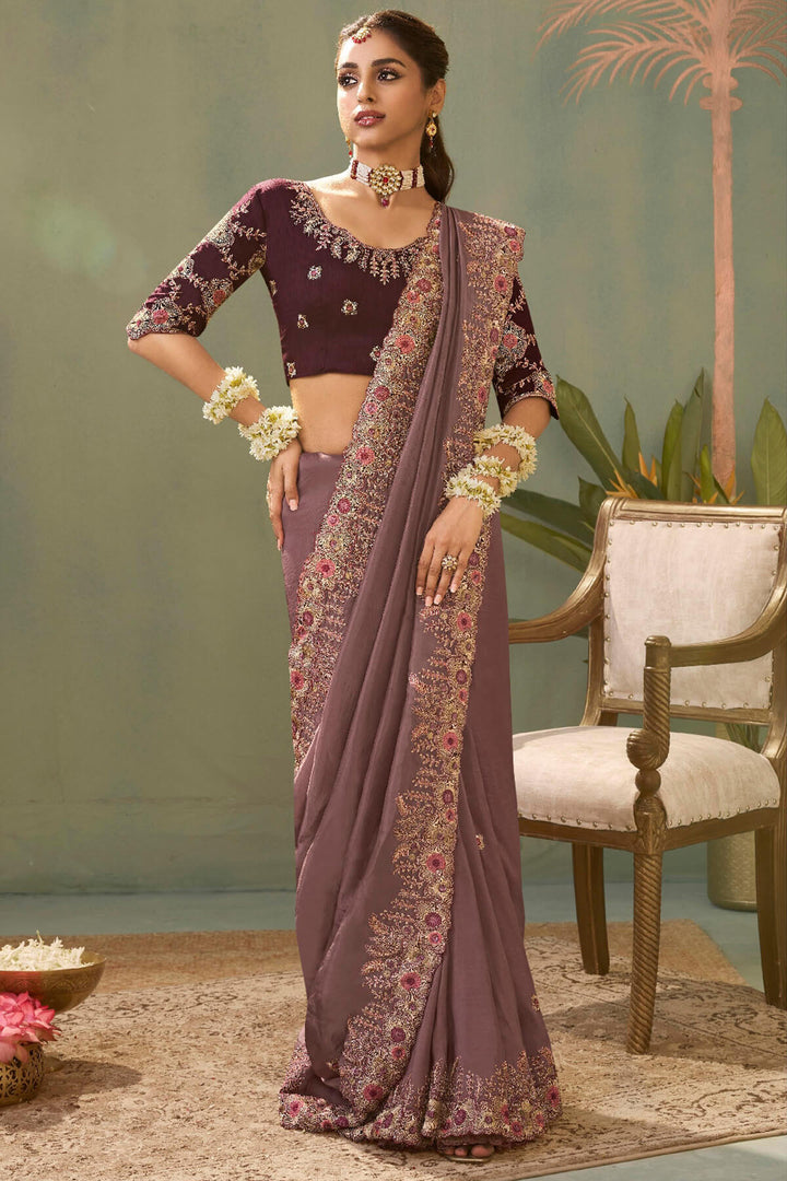 Brownish Purple Embroidery saree with Designer Embroidery Blouse
