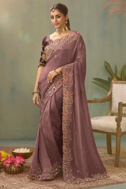 Brownish Purple Embroidery saree with Designer Embroidery Blouse