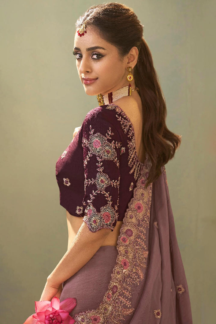 Brownish Purple Embroidery saree with Designer Embroidery Blouse