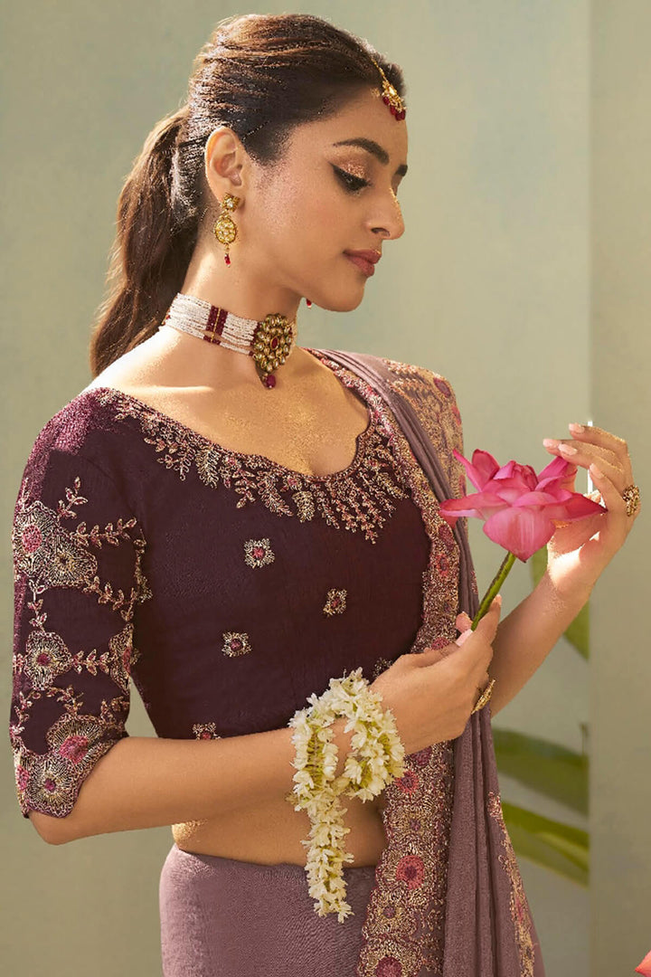 Brownish Purple Embroidery saree with Designer Embroidery Blouse