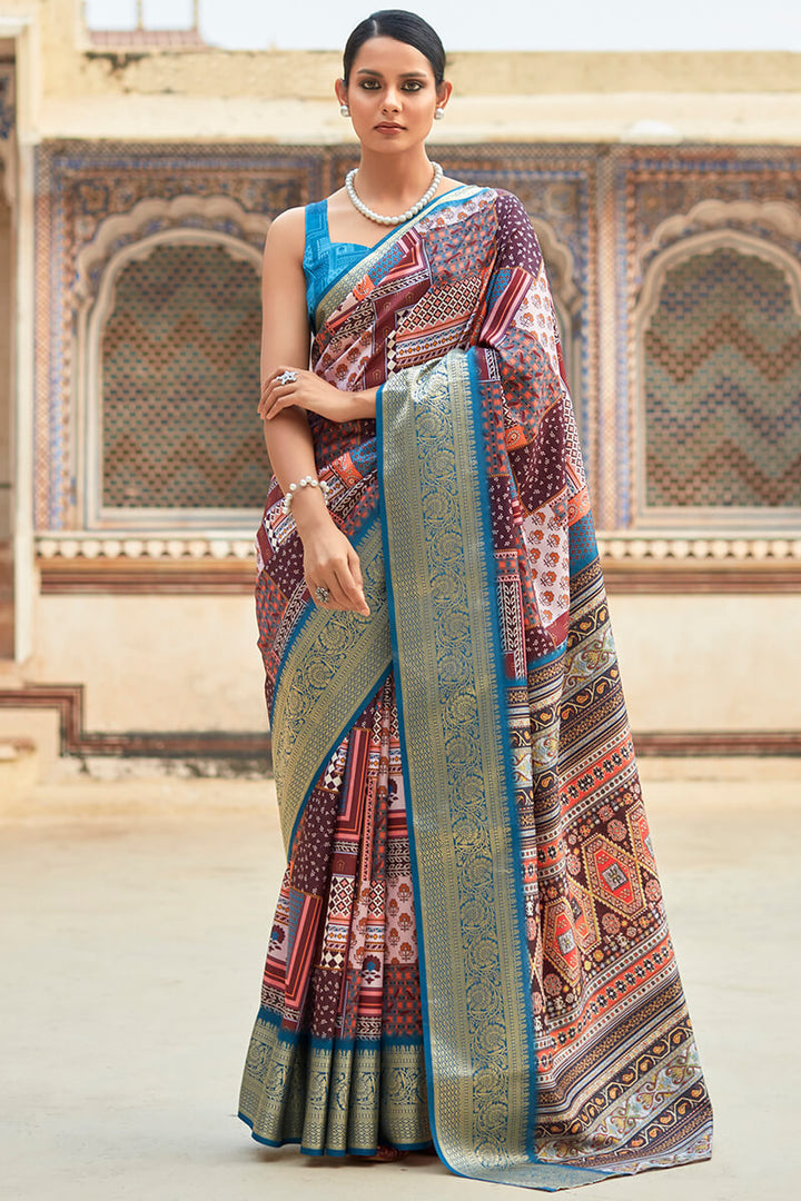 Brownish Purple Printed Dola Silk Saree