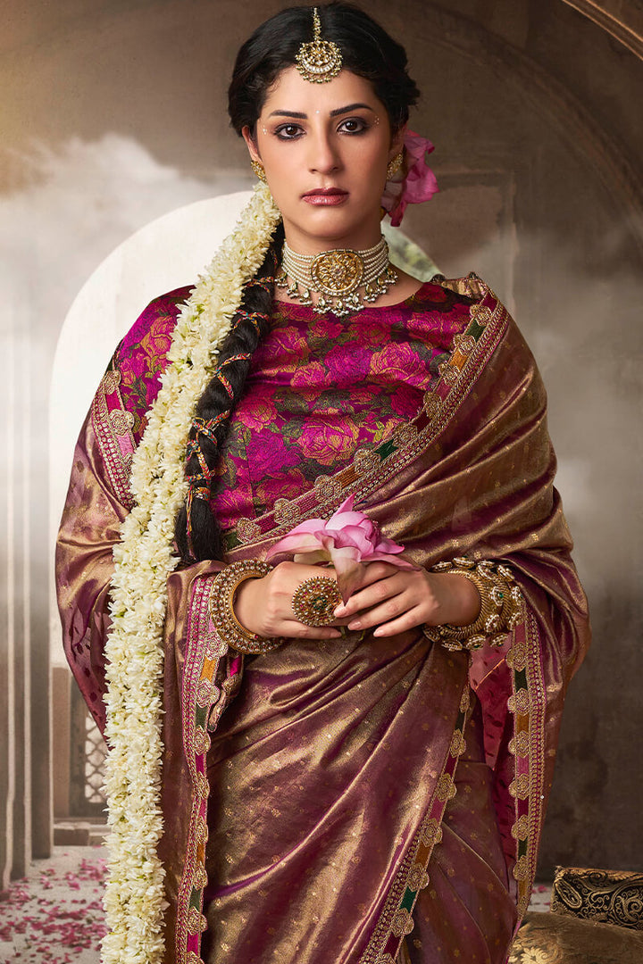 Brownish Purple Pure Tissue Silk Saree with Multicolor Lace Border