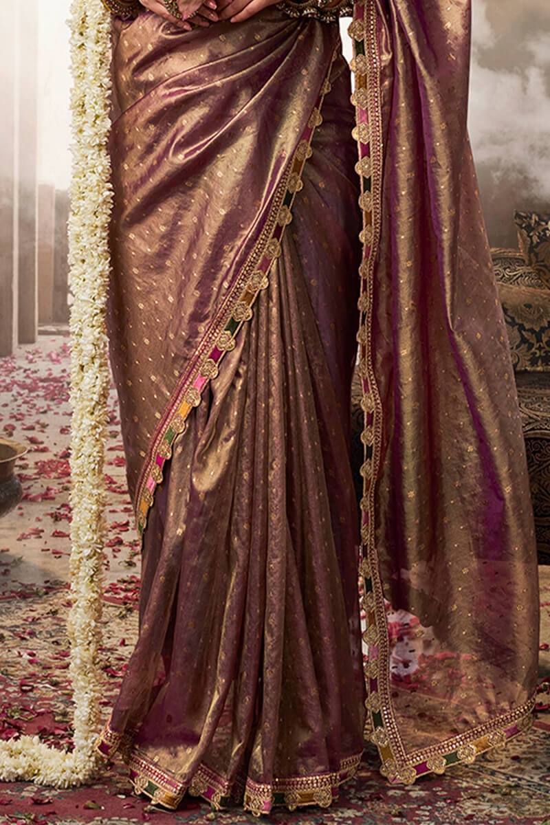Brownish Purple Pure Tissue Silk Saree with Multicolor Lace Border