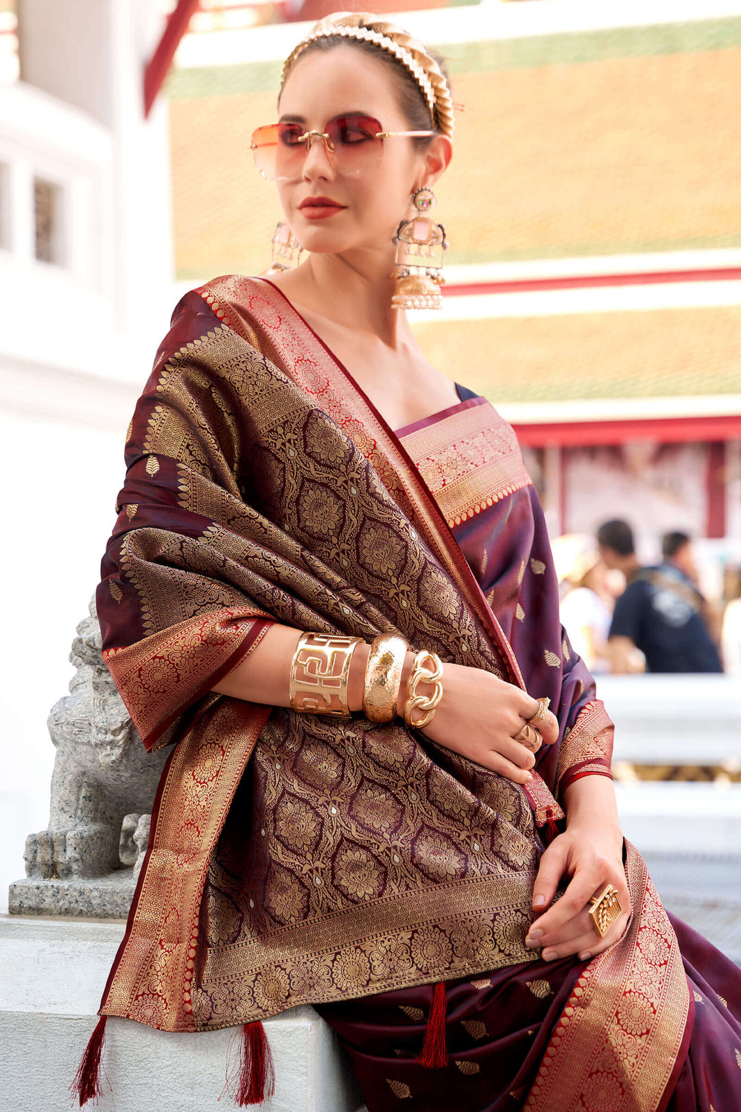Brownish Purple Zari Woven Banarasi Satin Silk Saree