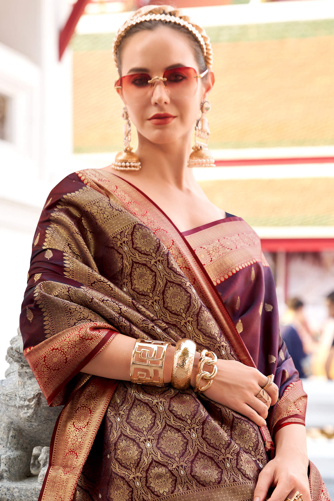 Brownish Purple Zari Woven Banarasi Satin Silk Saree
