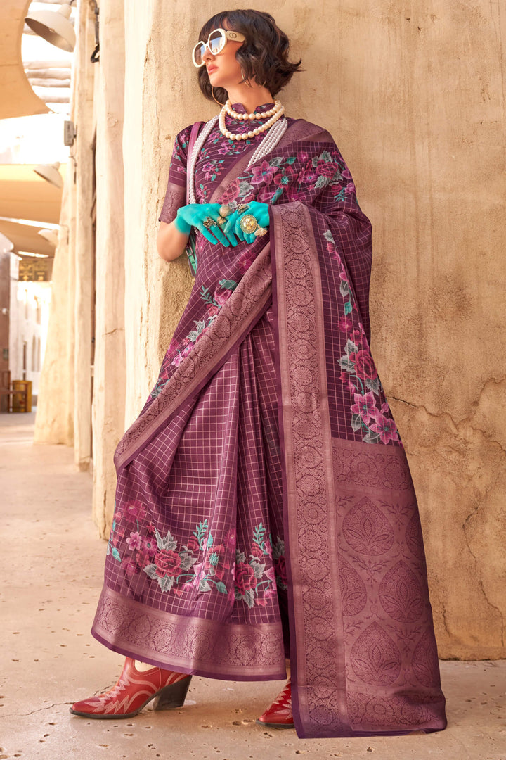 Brownish Purple Zari Woven Printed Georgette saree
