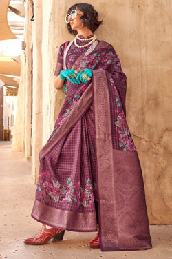 Brownish Purple Zari Woven Printed Georgette saree