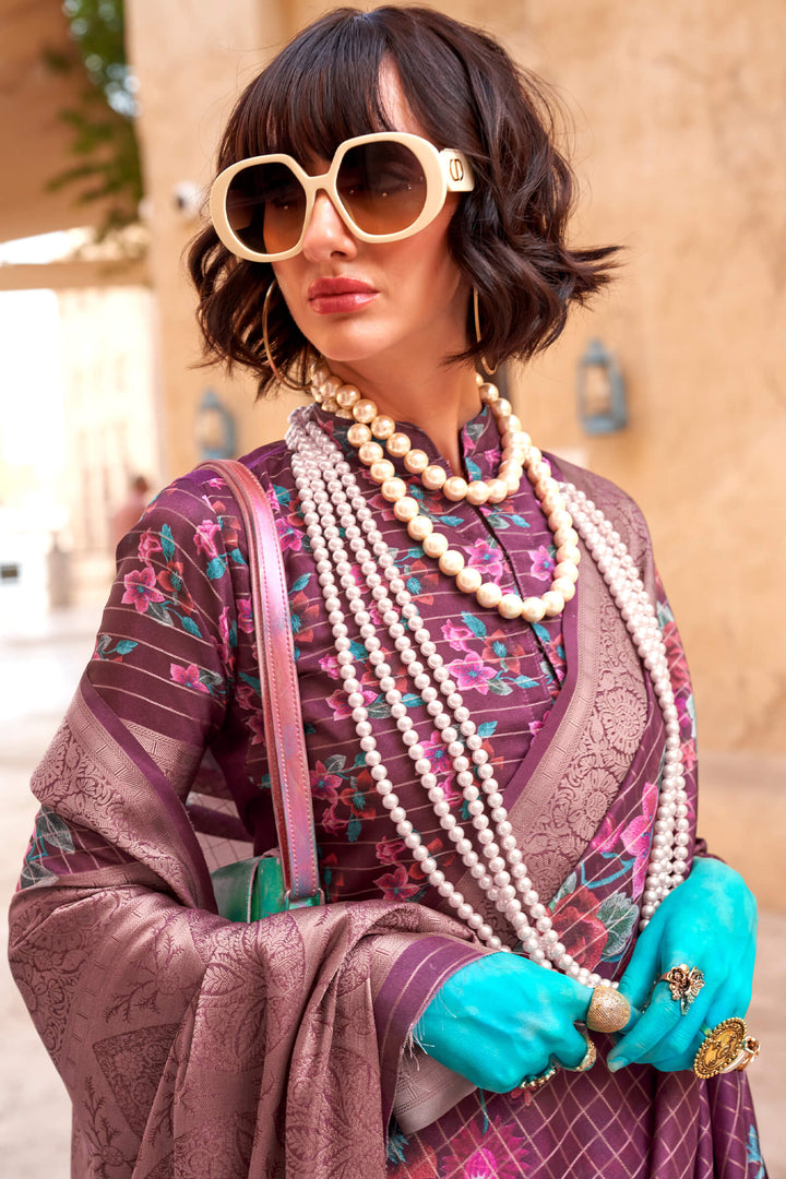 Brownish Purple Zari Woven Printed Georgette saree