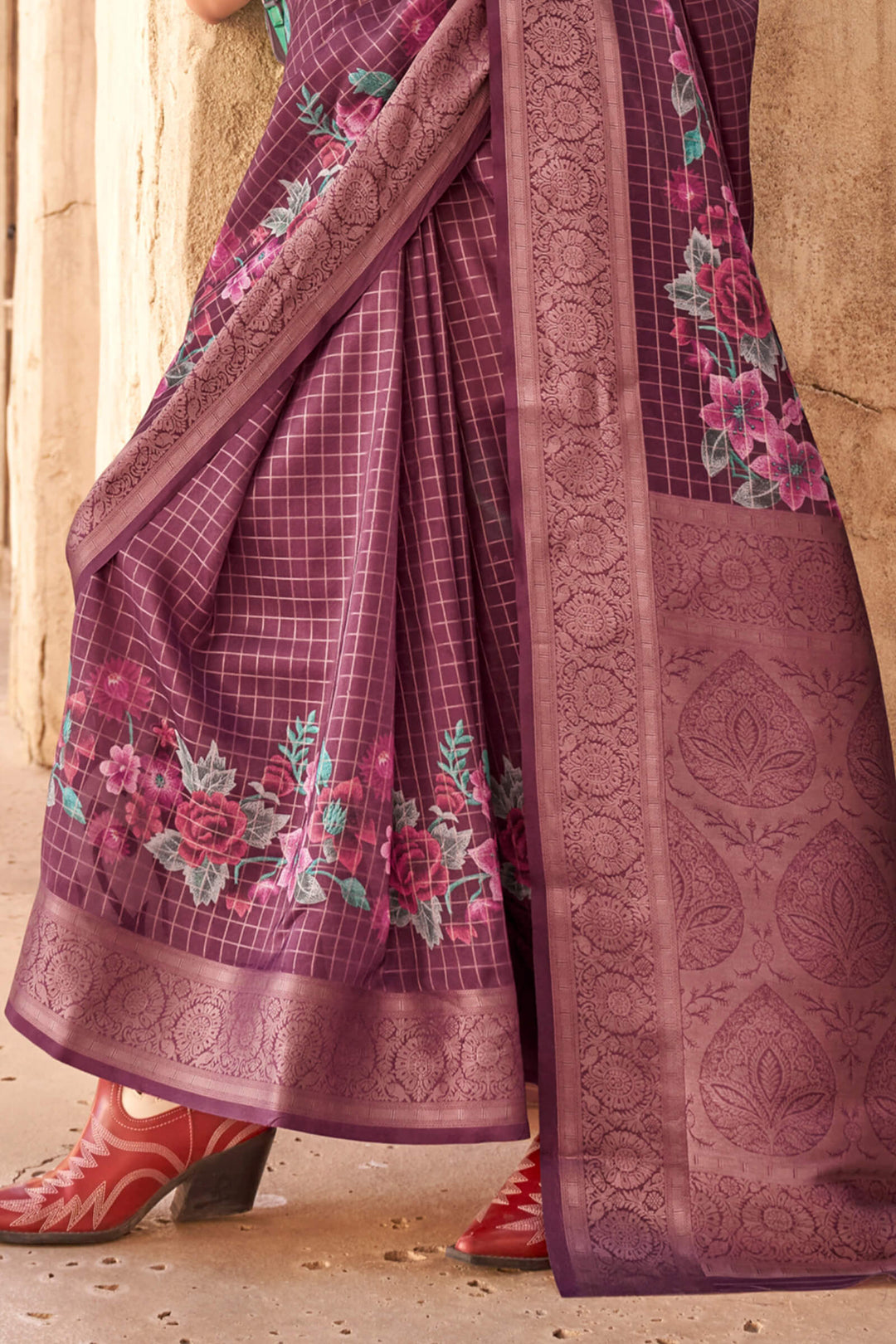 Brownish Purple Zari Woven Printed Georgette saree