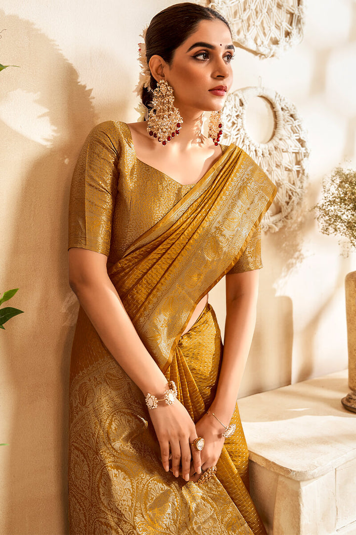 Brownish Yellow Soft Banarasi Silk Saree