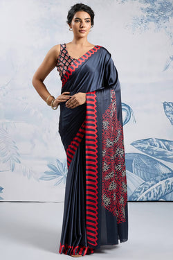 Bunker Black Ajrakh Printed Satin Crepe Silk Saree