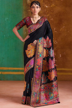 Bunker Black Kashmiri Modal Pashmina Silk Saree