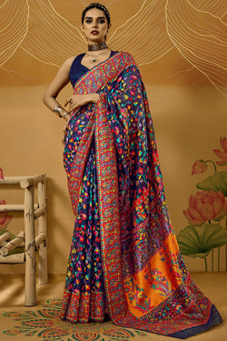 Bunting Blue Kashmiri Modal Pashmina Silk Saree
