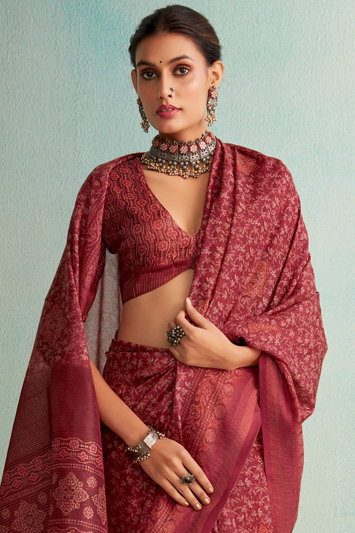 Burgundy Maroon Handloom Woven Digital Printed Soft Silk Saree
