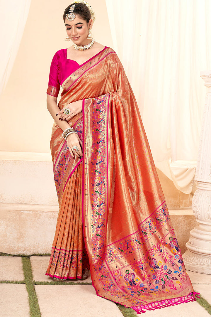 Burning Orange Paithani Tissue Silk Saree