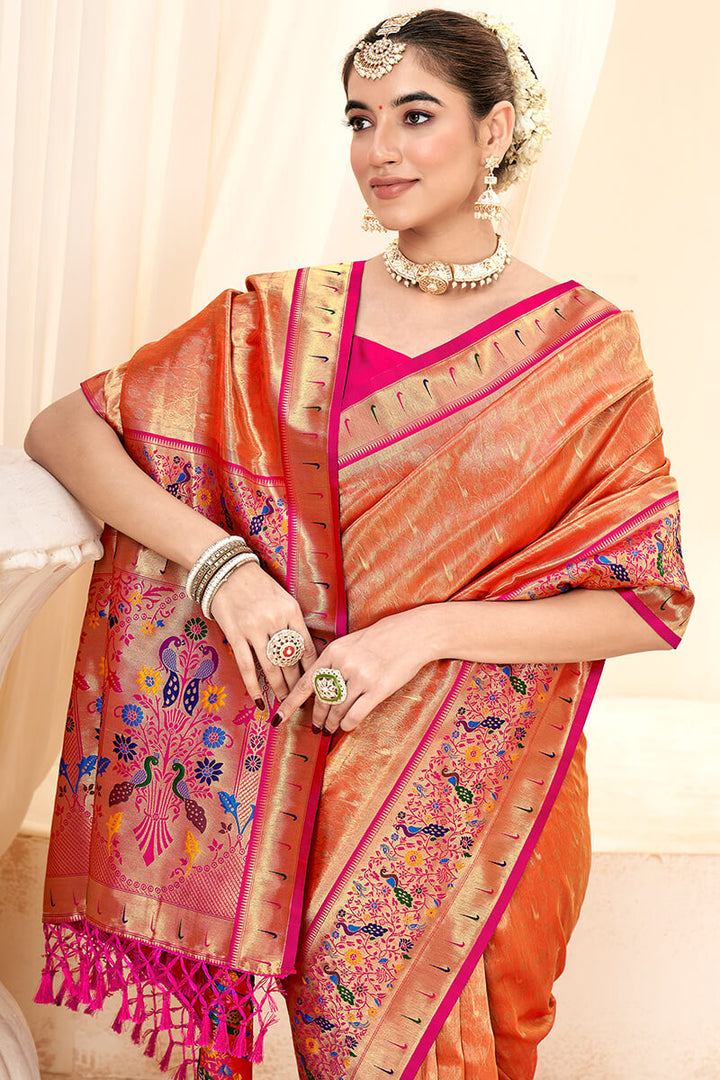 Burning Orange Paithani Tissue Silk Saree