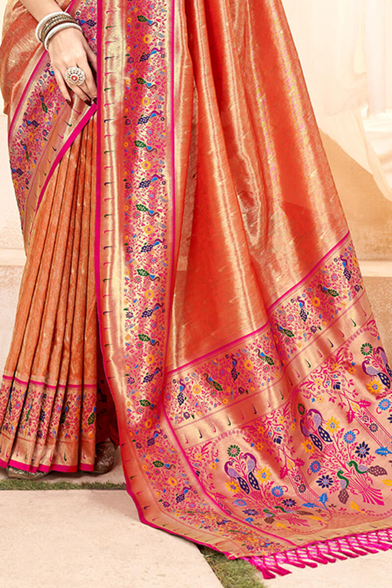 Burning Orange Paithani Tissue Silk Saree