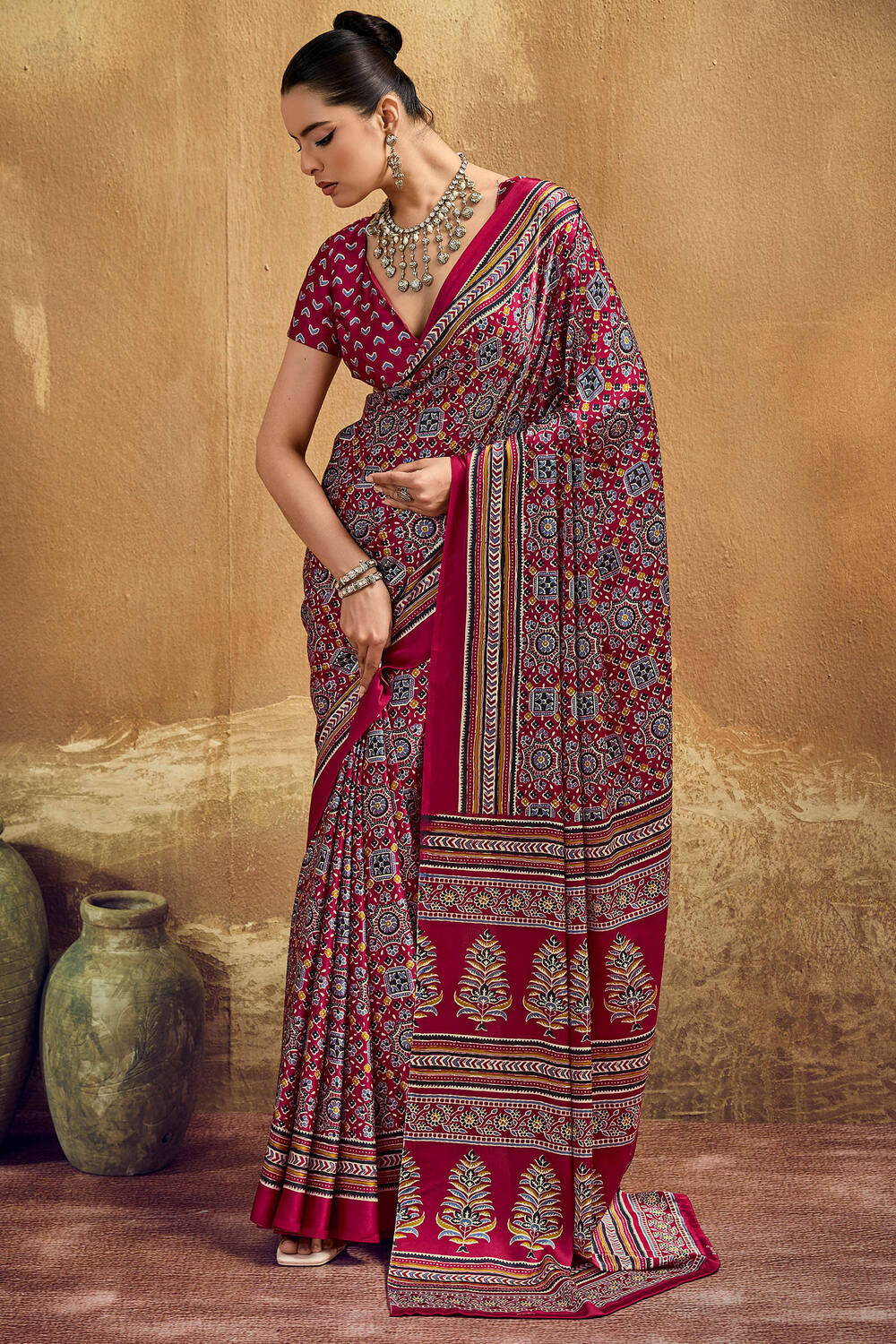 Burnt Maroon Ajrakh Printed Satin Silk Saree