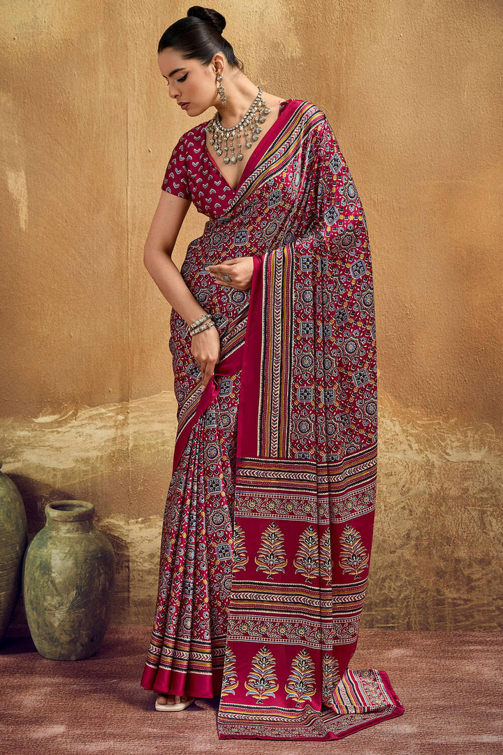 Burnt Maroon Ajrakh Printed Satin Silk Saree
