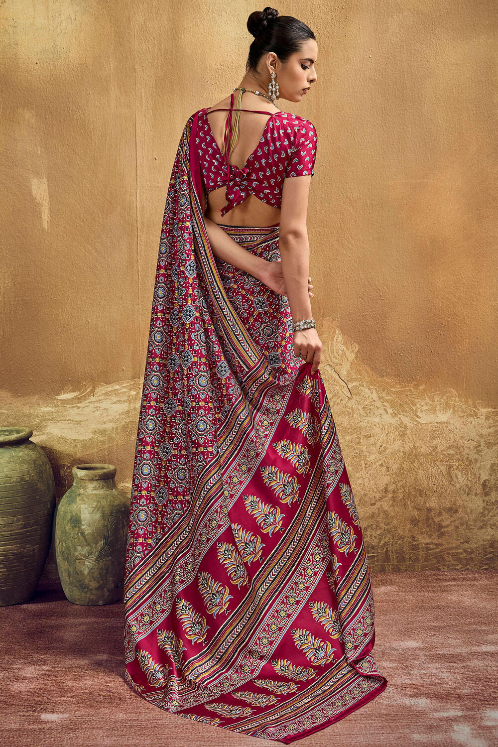 Burnt Maroon Ajrakh Printed Satin Silk Saree