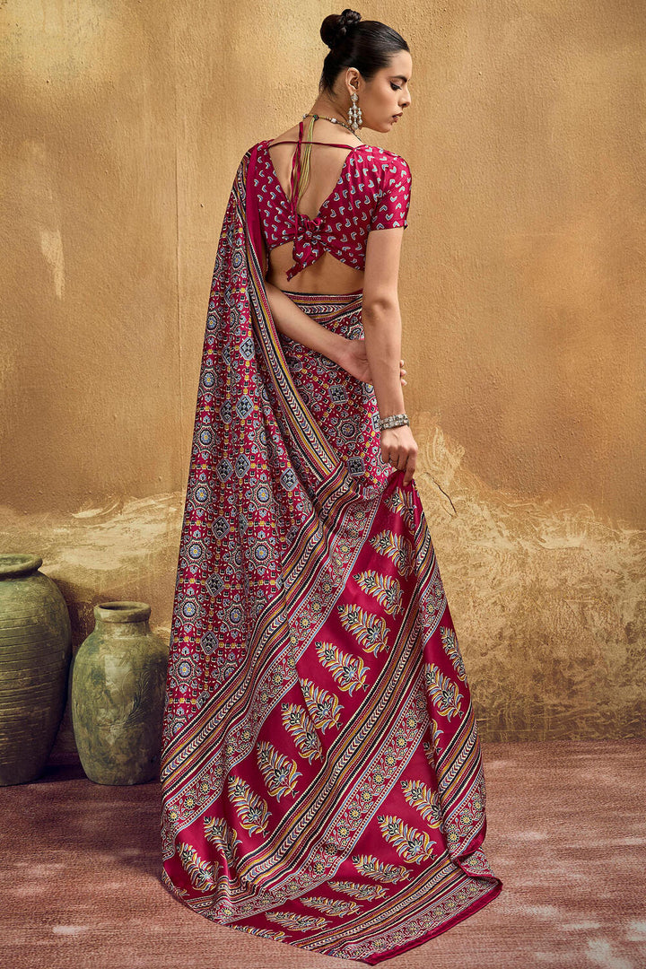 Burnt Maroon Ajrakh Printed Satin Silk Saree