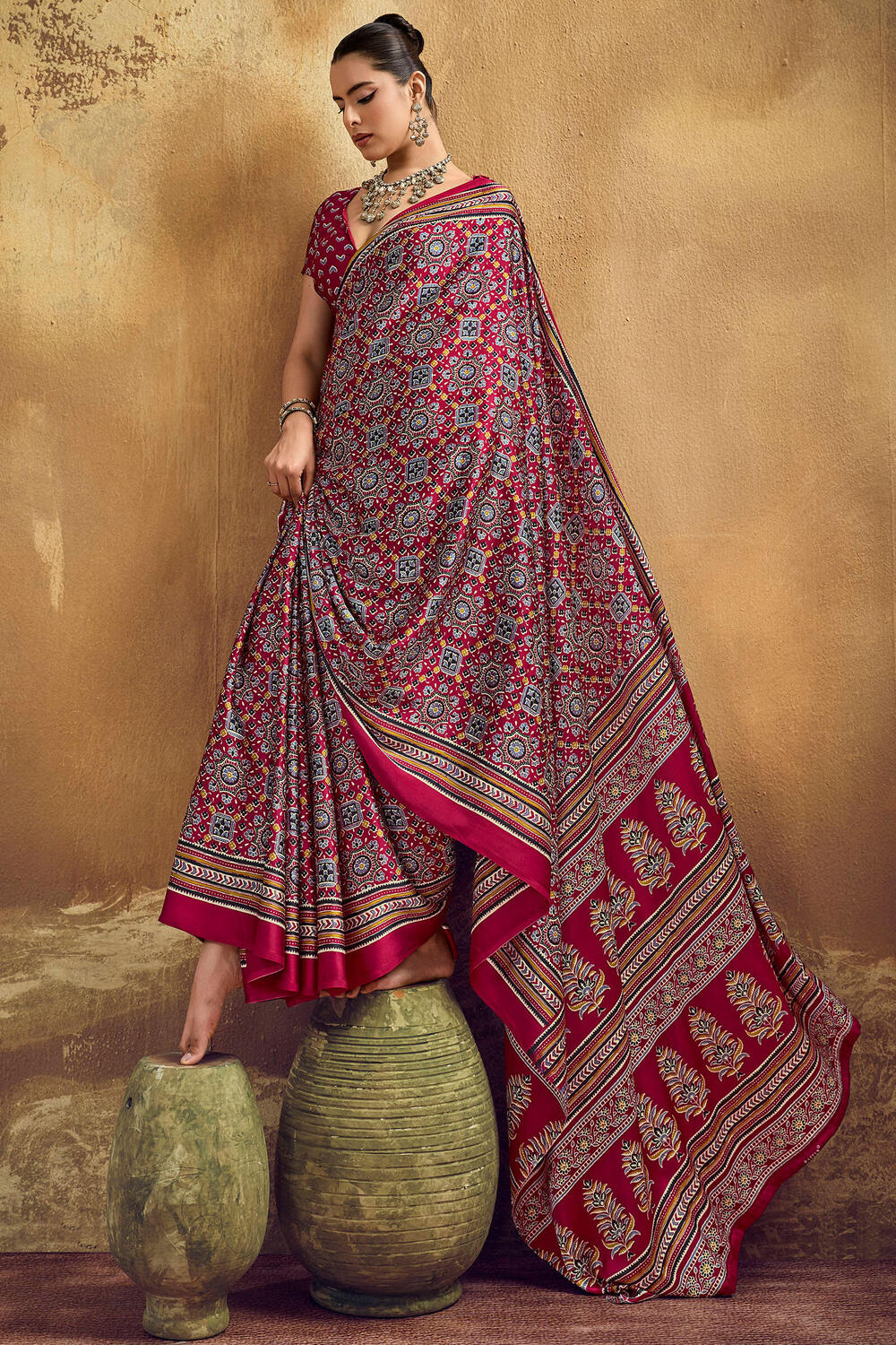 Burnt Maroon Ajrakh Printed Satin Silk Saree