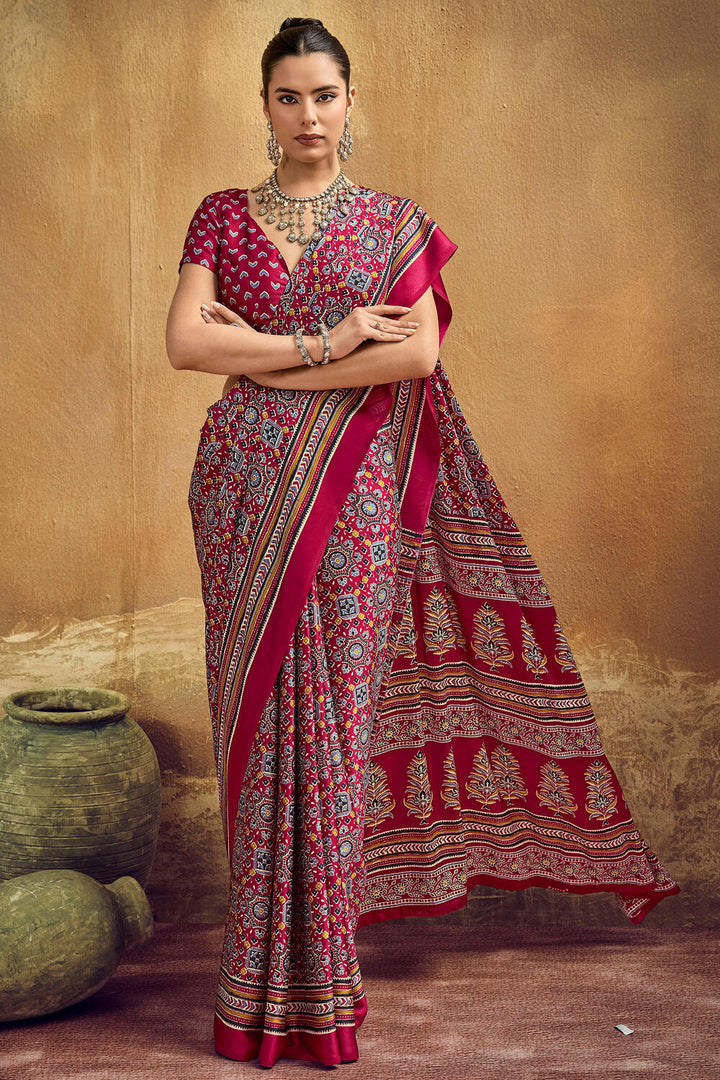 Burnt Maroon Ajrakh Printed Satin Silk Saree