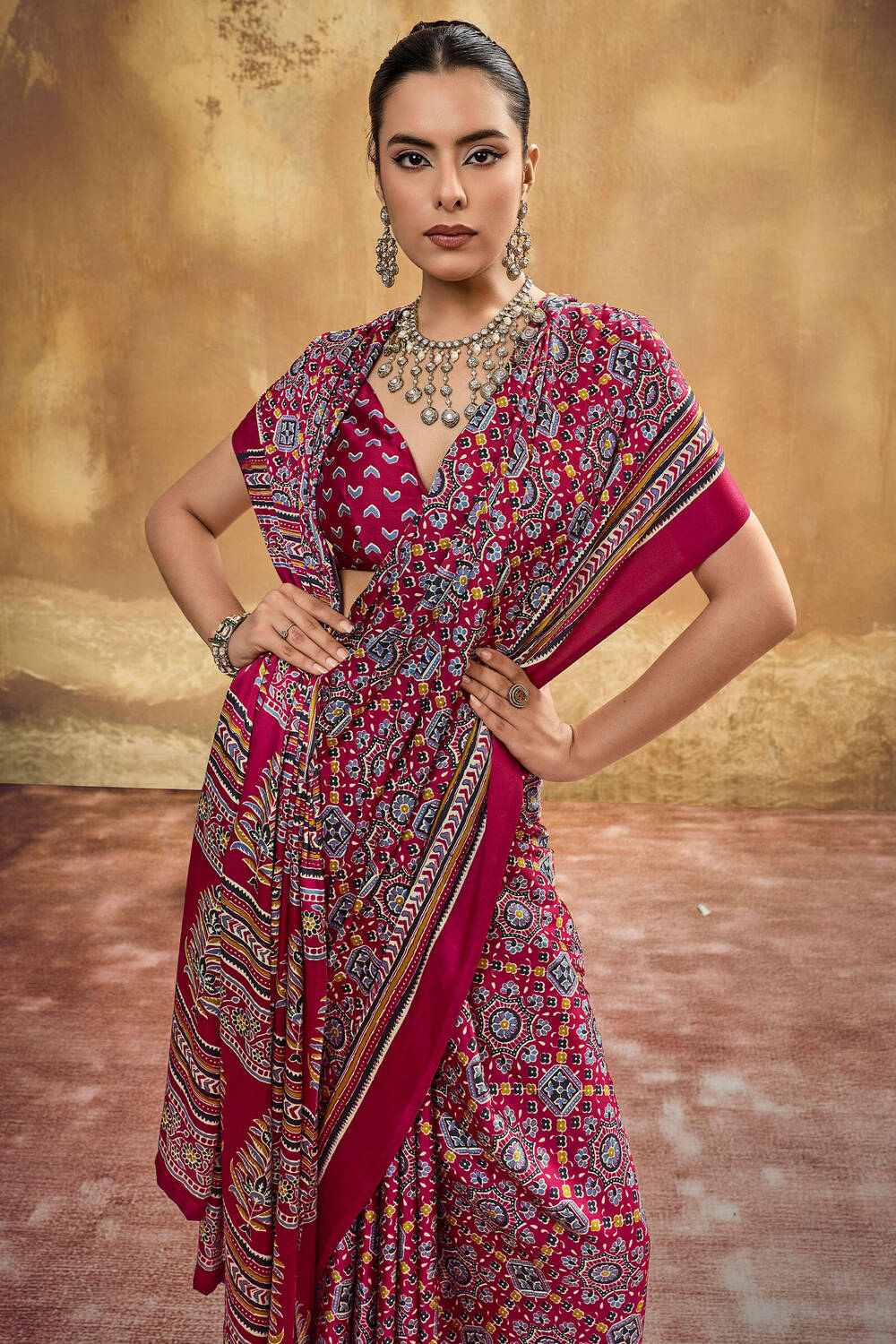 Burnt Maroon Ajrakh Printed Satin Silk Saree