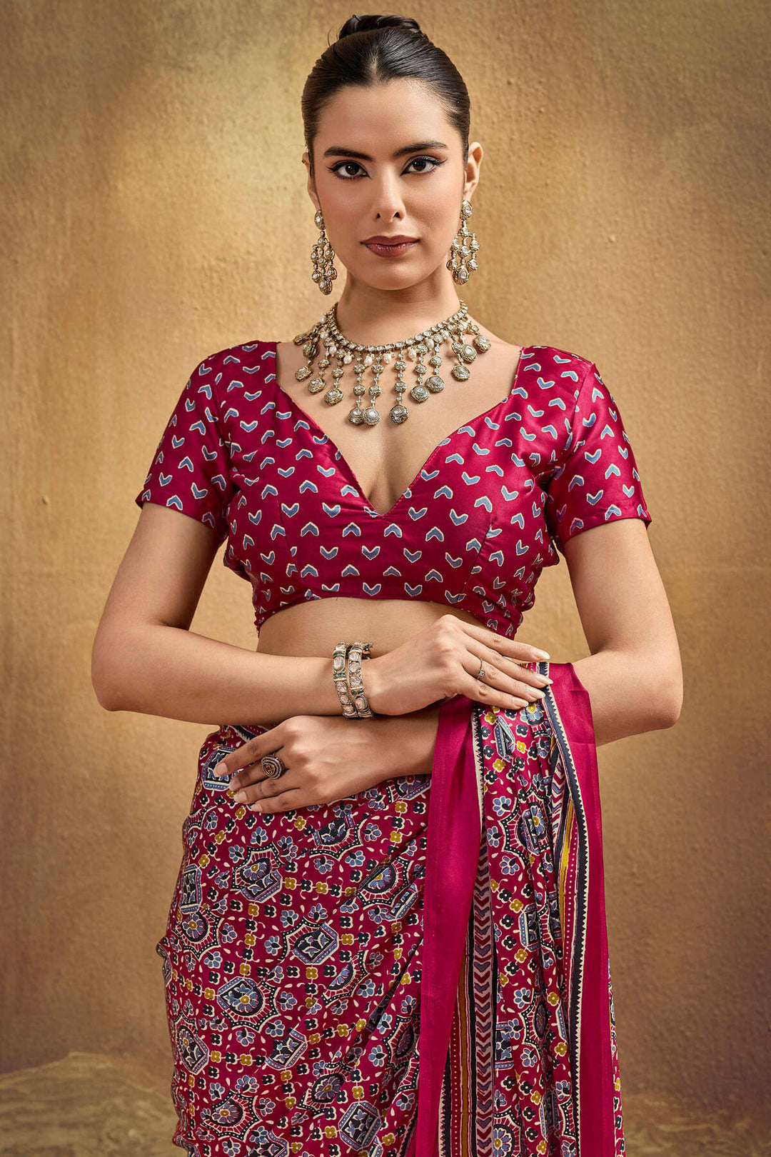 Burnt Maroon Ajrakh Printed Satin Silk Saree