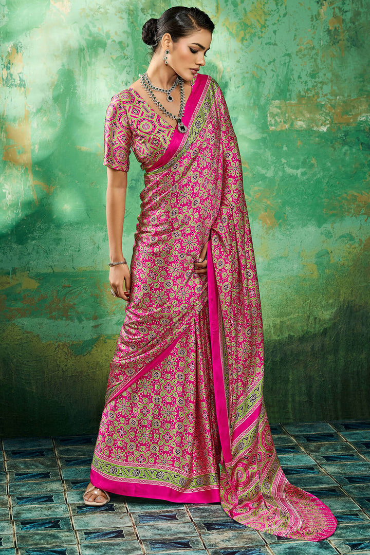 Burnt Pink Ajrakh Printed Satin Silk Saree