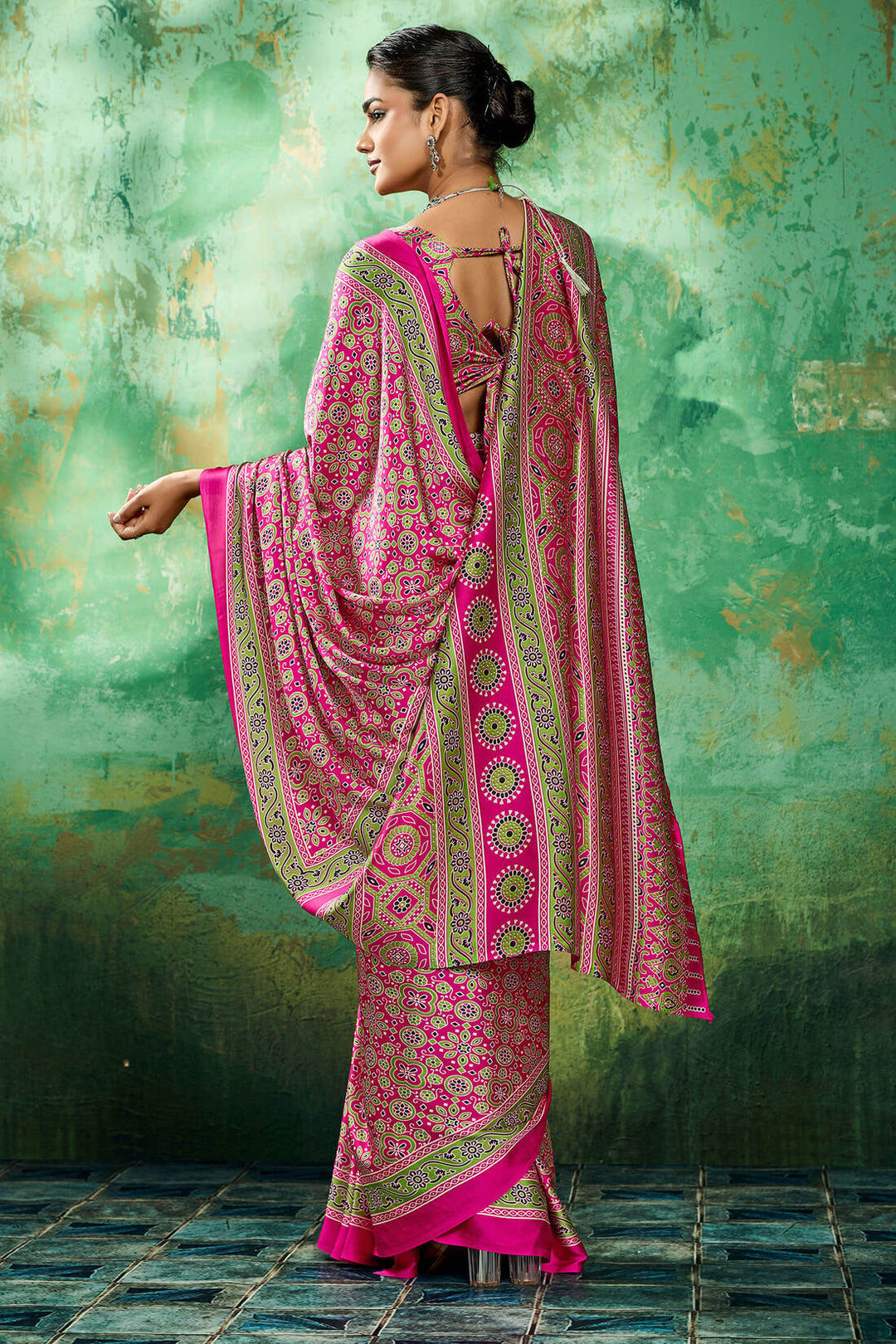 Burnt Pink Ajrakh Printed Satin Silk Saree