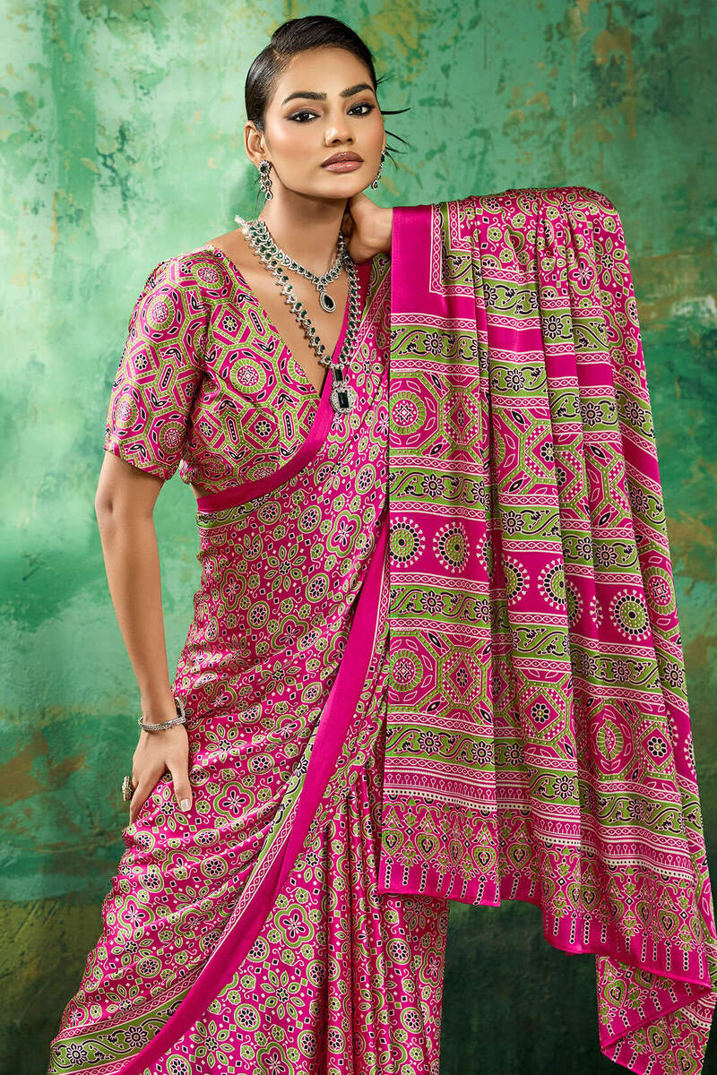 Burnt Pink Ajrakh Printed Satin Silk Saree